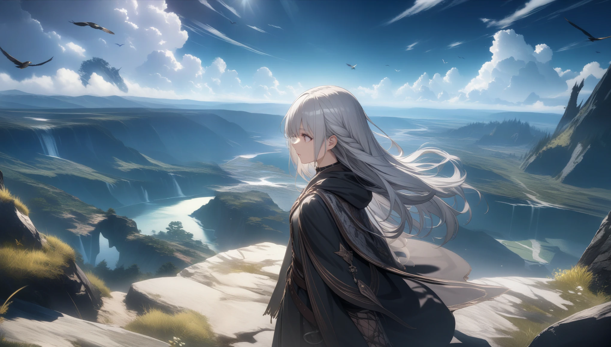 32k, best quality, ultra high res, HDR, UHD, extremely detailed CG, unity 32k wallpaper, highest quality, very detailed, masterpiece, Super detailed, cloud, witch_have, have, 1 girl, null, green_null,Day, length_hair, cloudy_null, moon,bird, alone, Silver_hair, witch, outdoor,