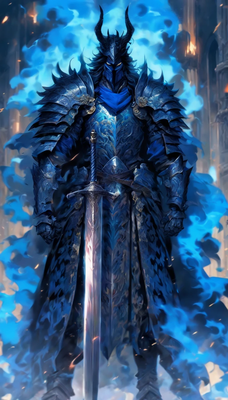 middle-aged man, of painting style, high resolution, black hair, Half demon body, half demon face, European knights, Exquisite three-dimensional blue flame devil face, Bearded, wearing a hat, Expressions of anger, perfect body proportions, joke, black and white robe, A knight's long sword hangs on his waist, Handsome, full body view, stand up, (White background:1.3), noble, In his hand he held a long, wide and heavy sword, facing the camera, (full body armor:0.8), high detail, masterpiece, precise, anatomically correct, textured skin