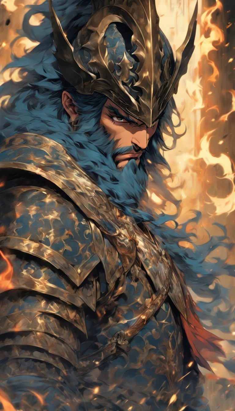 middle-aged man, of painting style, high resolution, black hair, Half demon body, half demon face, European knights, Exquisite three-dimensional blue flame devil face, Bearded, wearing a hat, Expressions of anger, perfect body proportions, joke, black and white robe, A knight&#39;s long sword hangs on his waist, Handsome, full body view, stand up, （White background：1.3）, noble, In his hand he held a long, wide and heavy sword, facing the camera, （full body armor：0.8）, high detail, masterpiece, precise, anatomically correct, textured skin