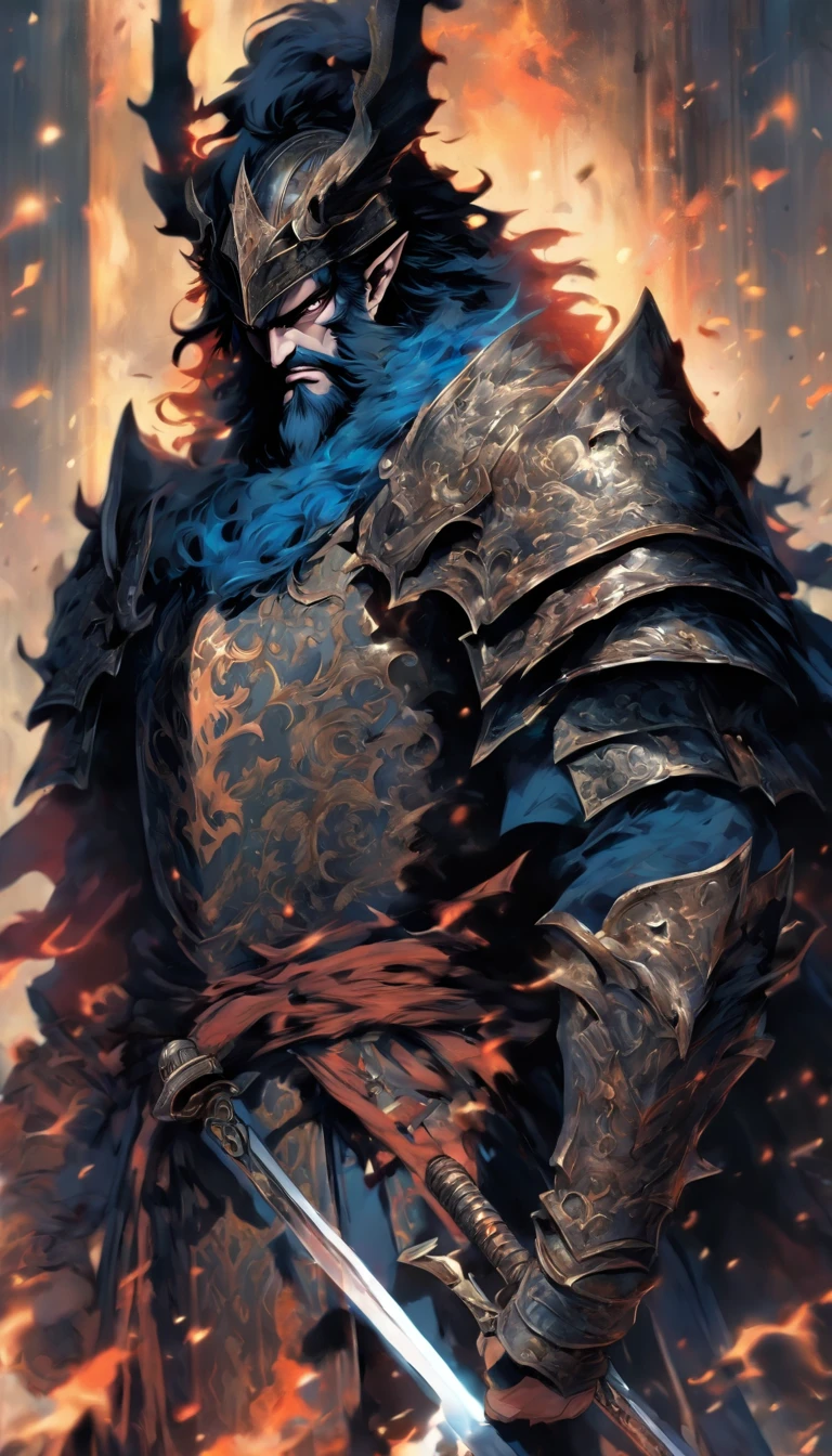 middle-aged man, of painting style, high resolution, black hair, Half demon body, half demon face, European knights, Exquisite three-dimensional blue flame devil face, Bearded, wearing a hat, Expressions of anger, perfect body proportions, joke, black and white robe, A knight&#39;s long sword hangs on his waist, Handsome, full body view, stand up, （White background：1.3）, noble, In his hand he held a long, wide and heavy sword, facing the camera, （full body armor：0.8）, high detail, masterpiece, precise, anatomically correct, textured skin