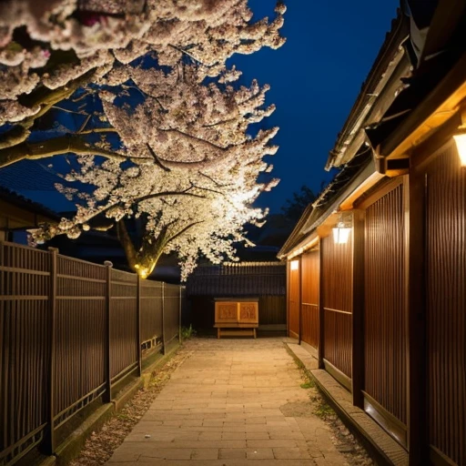 ((Safe at Work)), (Raw photo:2.0, Ultra high definition, High resolution, professional photos, 8k), (Nikon, ISO:50, focal distance:35mm, Aperture:5.6, shutter speed:1/125, Multi-metering pattern), perfect dynamic composition, cherry blossoms, night sky, moon, starry sky, Shrine precincts,
