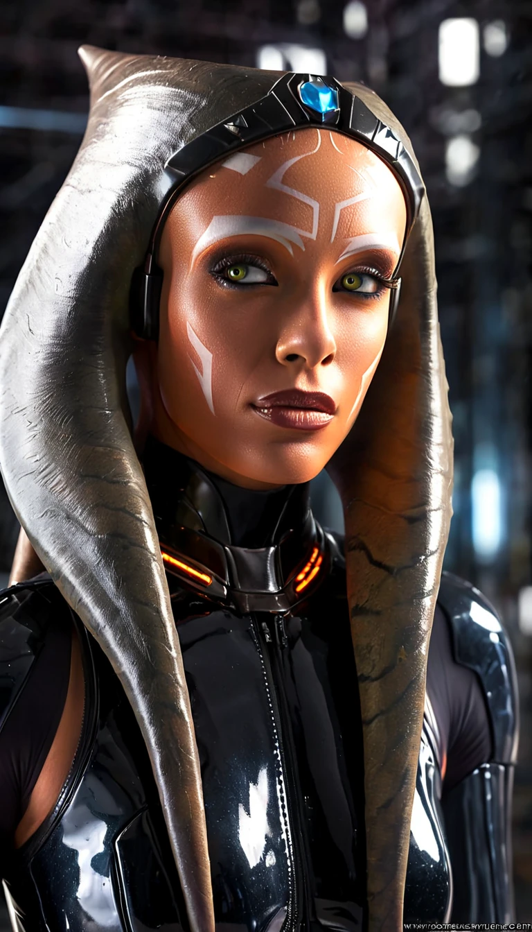 latex, bright yellow eyes, ultra-detailed,vibrant colors,sci-fi,portrait,dramatic lighting,detailed facial features,dark background,long hair,glowing eyes,futuristic clothing,expressionless face,metallic texture,bright highlights,high contrast,radiant colors,artificial intelligence theme,sharp focus,technological elements,shadows and highlights,ethereal glow,neon lights,stormy atmosphere,otherworldly setting,unconventional composition,sharp lines,sleek design,mysterious atmosphere,unearthly beauty,digital enhancements,advanced technology,glowing circuitry,abstract background,ominous presence,subtle reflections,energetic pose,unique perspective,foreshortening effect,symmetrical composition,imposing presence,dynamic energy,striking visual impact,translucent overlays,organic and mechanical fusion. 