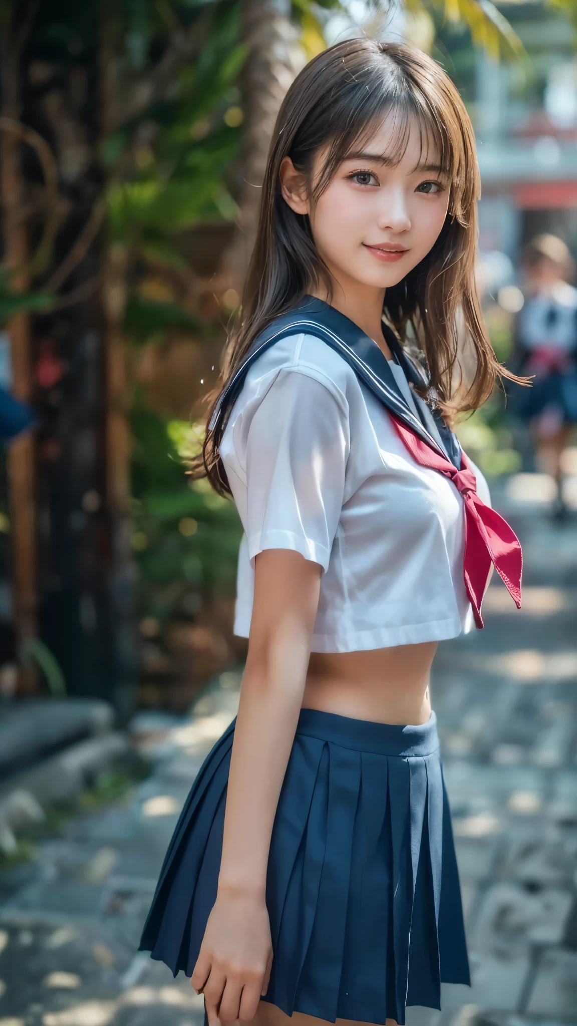 (best quality, 8k, 32k, masterpiece, UHD:1.2), (RAW photo), (realistic), (photorealistic:1.2), (high resolution), huge filesize, ultra-detailed, extremely beautiful face & eyes, 1girl, japanese ,14yo, 13yo, 12yo, round s face,y facein waist, beautiful bellarge breasts, slim proportions, perfect thin thighs, small butt, (darkblue pleated mini skirt, japanese sailor, sailor fuku, serafuku, japanese school sailor suit, sailor red neckerchief), nice hands, perfect hands, accurate hand depiction, sweaty, shy smile, pure white teeth, from below, (blue sky, summer, sun, outdoors), portrait photography,