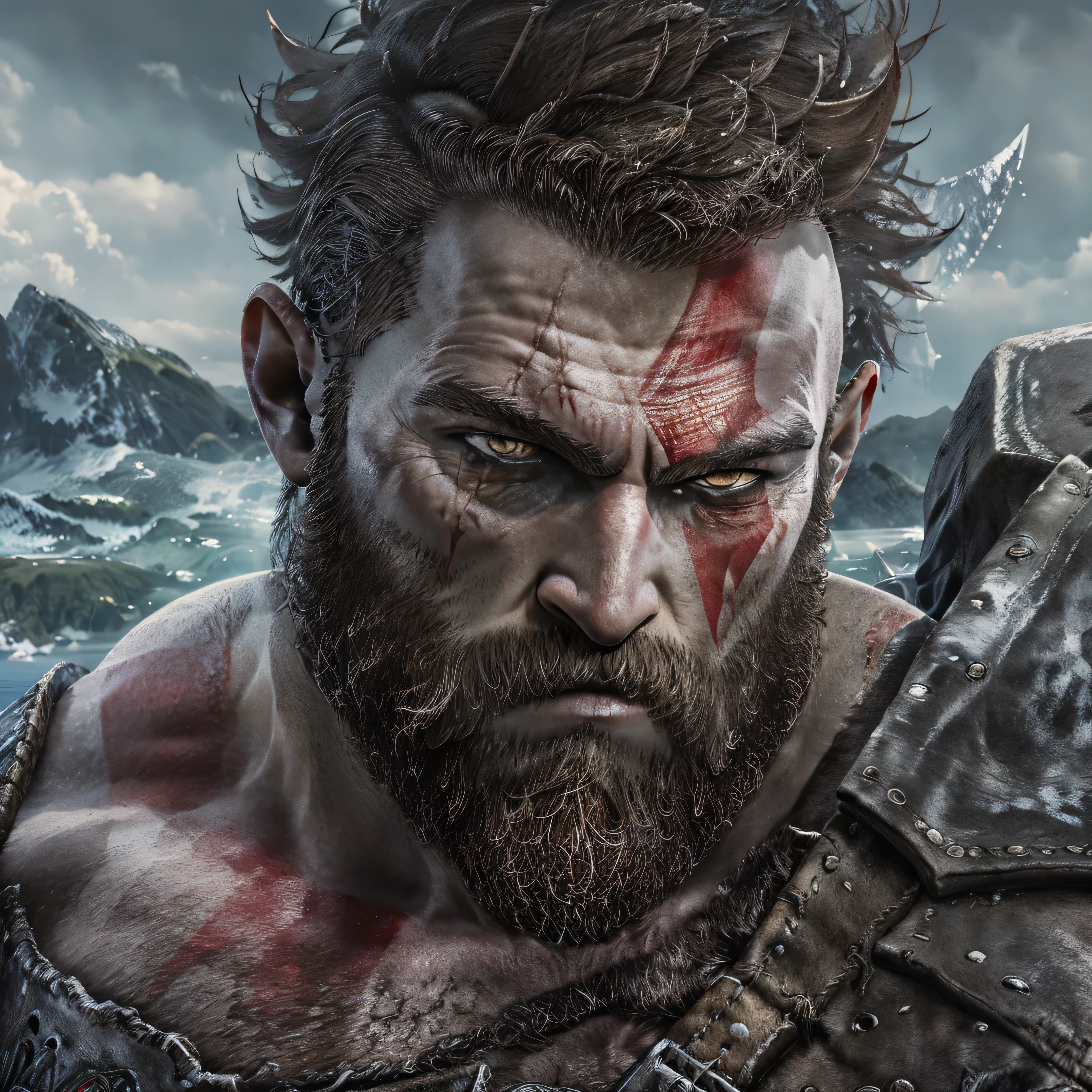 (masterpiece, best quality, detailed:1.2),  kratosGOW_soul3142, cold face, metal shorts, mountain, seascape, clouds, 1boy, scar, beard, realistic, bald, armor, Leviathan Axe, upper body shot