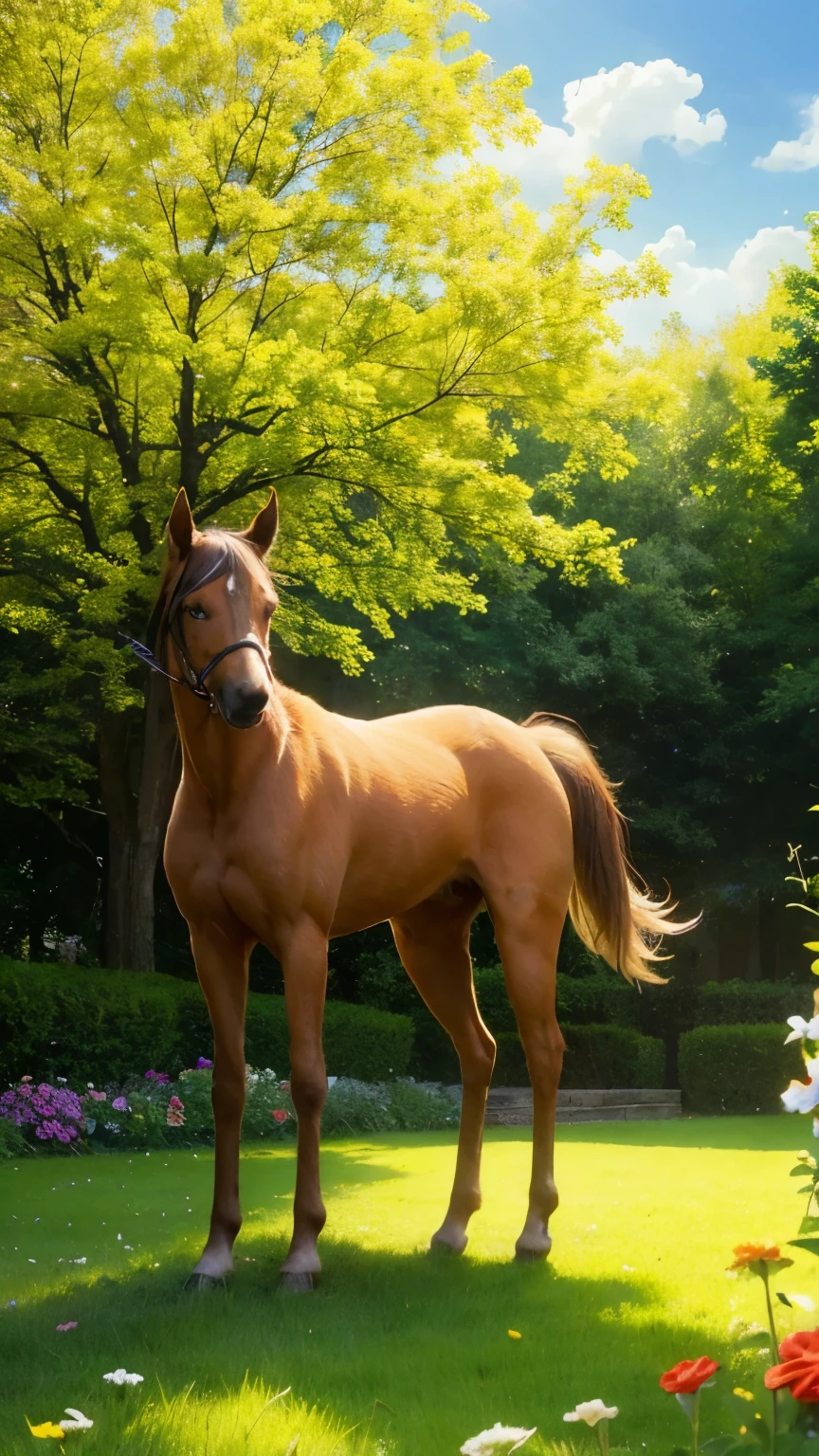 A dog with garden with horse and sunlight rays a beautiful tree.