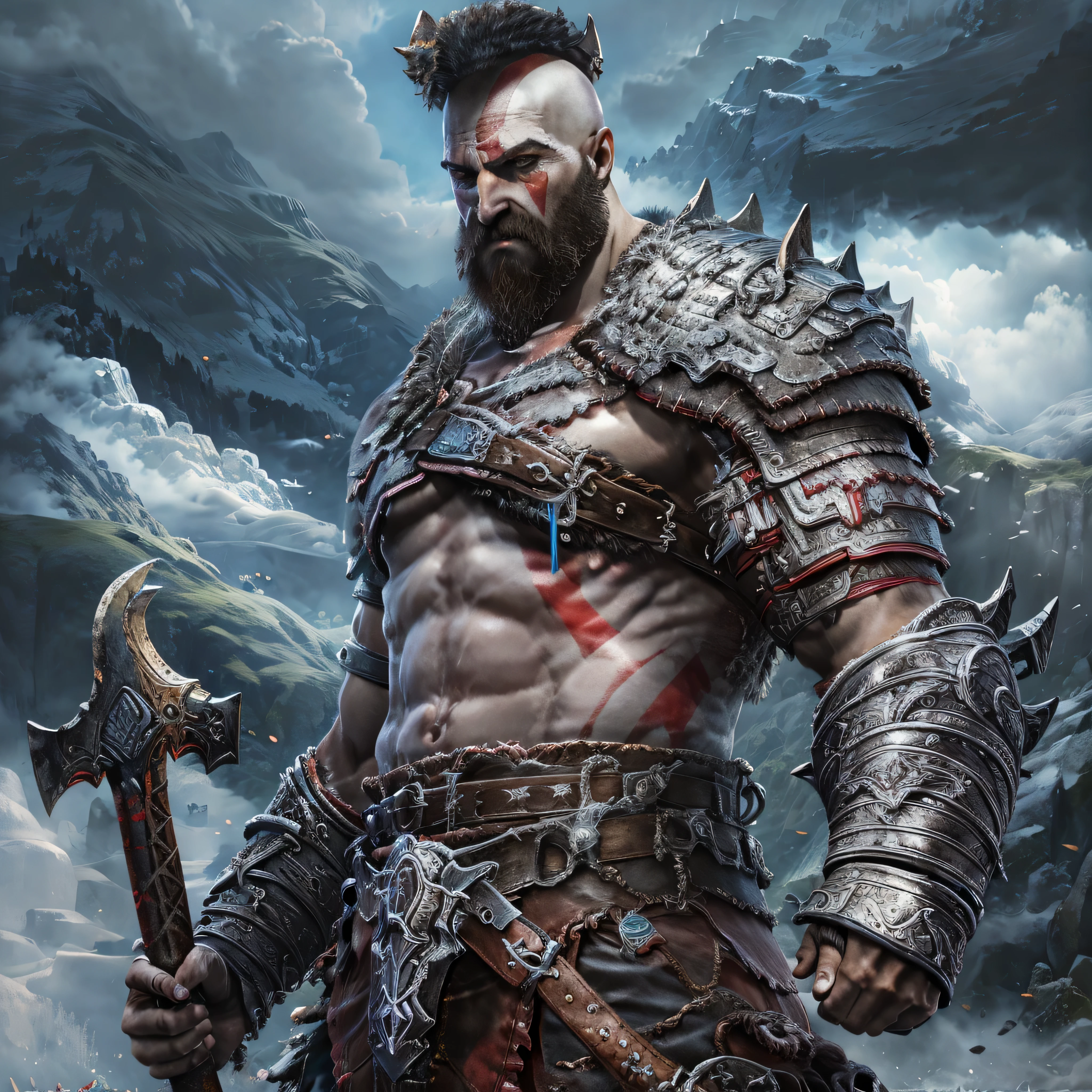 (masterpiece, best quality, detailed:1.2),  kratosGOW_soul3142, cold face, metal shorts, mountain, seascape, clouds, 1boy, scar, beard, realistic, bald, armor, Leviathan Axe, upper body shot