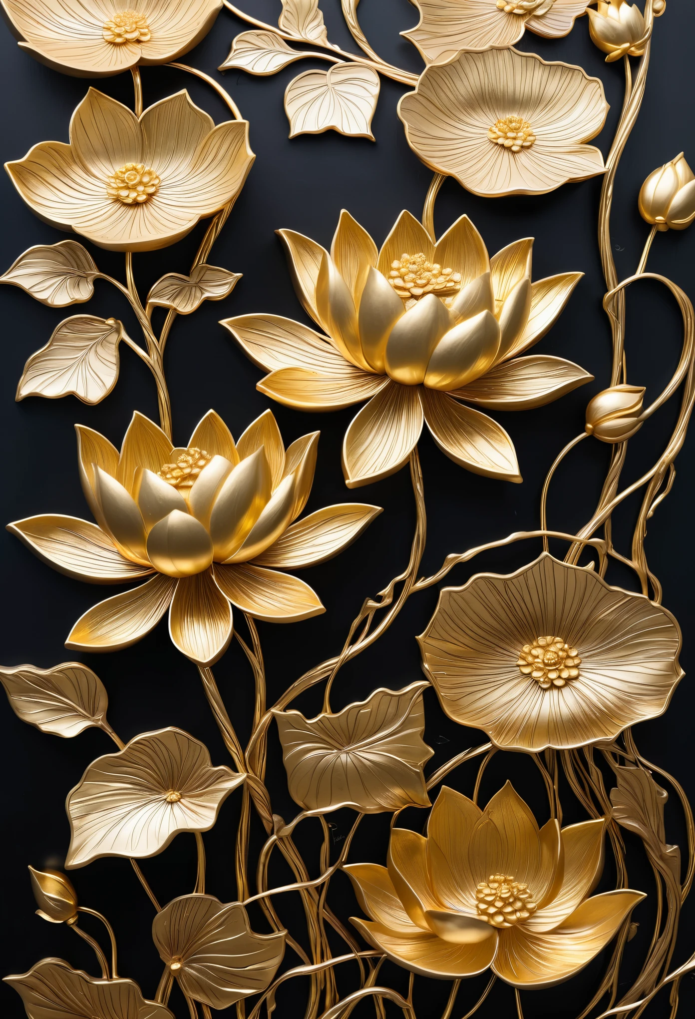 Create a highly realistic and detailed image of an intricate gold leaf art piece, featuring winding vines and blossoming lotus flowers, with delicate gold accents and elongated petals cascading down.