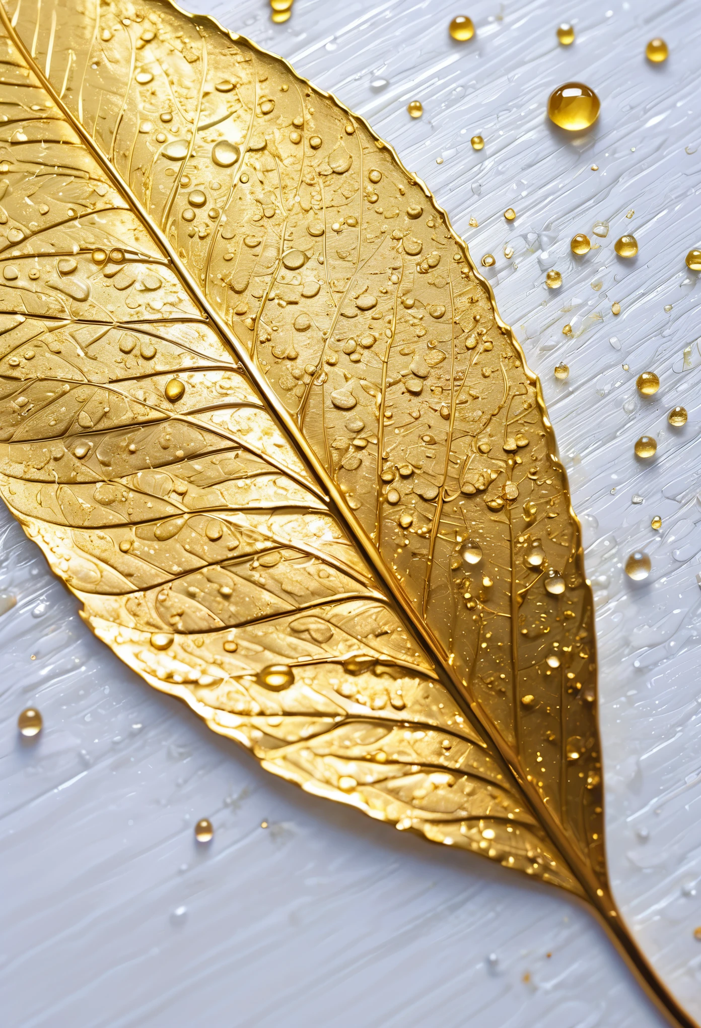 Create a realistic and detailed golden art piece, portraying ethereal grace and beauty almost like the manifestation of a sunbehaviour on a leaf or a gentle raindrop on a gold leaf, capturing the essence of light and refraction using traditional methods of gold leaf application.