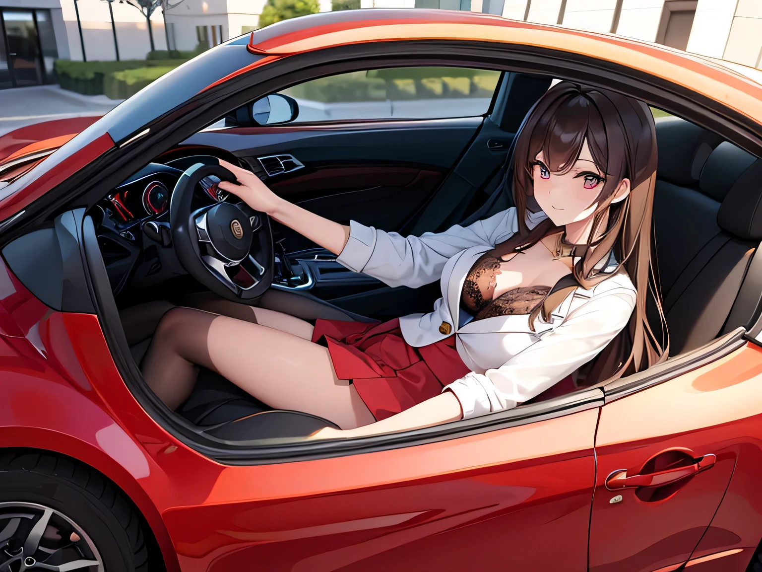 (Masterpiece, top quality, high resolution, realistic photo, realistic looking skin:1.1),
(The woman is the president of the company: 1.5),
(She stops a red luxury sports car, opens the door, and is about to get out of the driver's seat where she is sitting with her feet out:1.8),
(She has a composed look on her face:1.5),
(She is wearing a luxurious, glamorous and sexy skirt suit: 1.8),
(She is wearing pumps: 1.5),
(She is wearing red lace panties: 1.5),
(She has long brown hair: 1.5),
(Located in the indoor parking lot of the hotel:1.5),
1 Japanese girl, solo, full bodied esbian, beautiful eyes, glowing eyes, glowing thighs, NSFW
