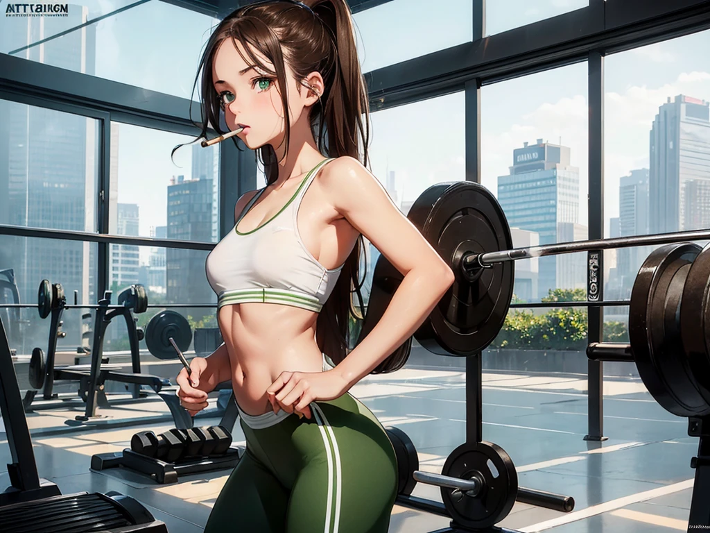 ultra high definition, best quality, masterpiece, highres, artstation, concept art, smooth, sharp focus, illustration, a  girl, brown hair, green eyes, wide eyes, (small breast), (small hips), (small ass), (small girl),ing, ((she smokes a cigarette)), ((she's working out))