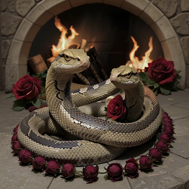 Two snake, fire and rose