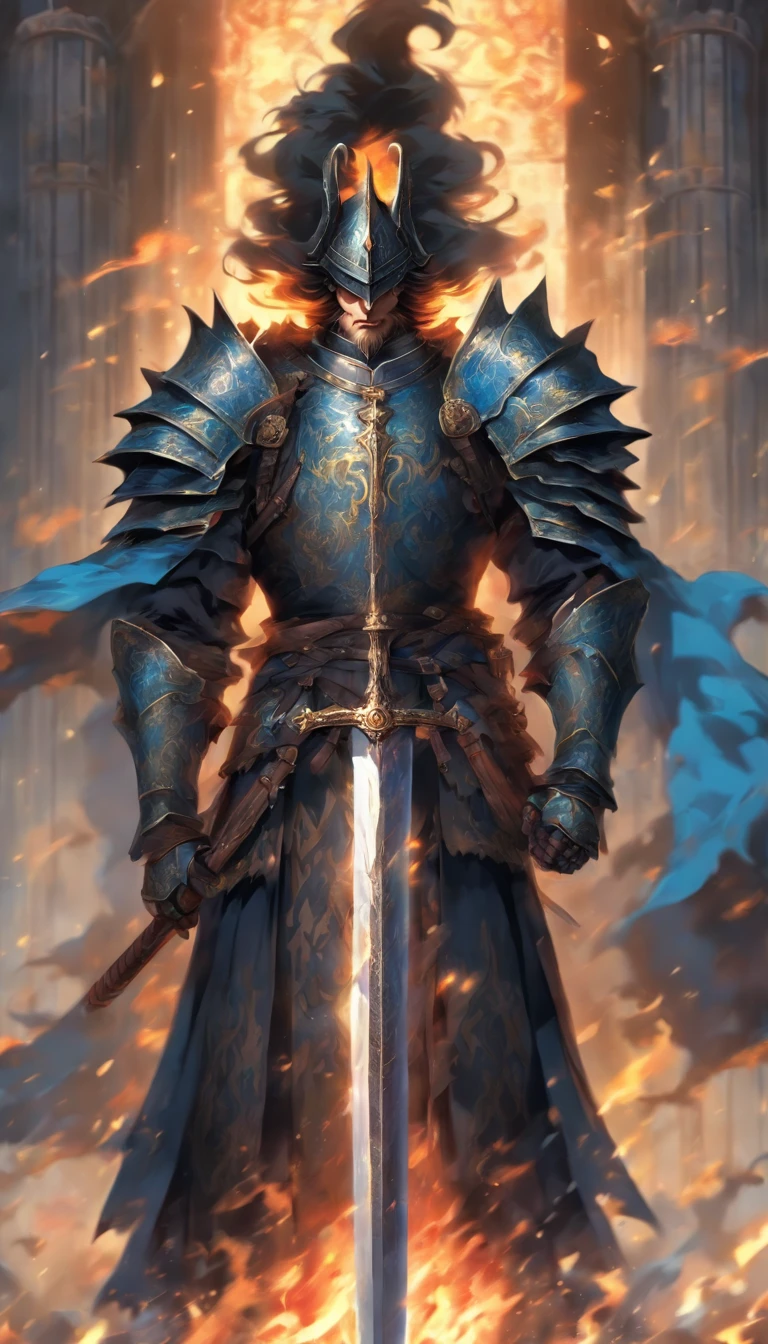 middle-aged man, of painting style, high resolution, black hair, Half demon body, half demon face, European knights, Exquisite three-dimensional blue flame devil face, Bearded, wearing a hat, Expressions of anger, perfect body proportions, joke, black and white robe, A knight&#39;s long sword hangs on his waist, Handsome, full body view, stand up, （medieval background：1.3）, noble, In his hand he held a long, wide and heavy sword, facing the camera, （Full body traditional medieval armor：0.8）, high detail, masterpiece, precise, anatomically correct, textured skin