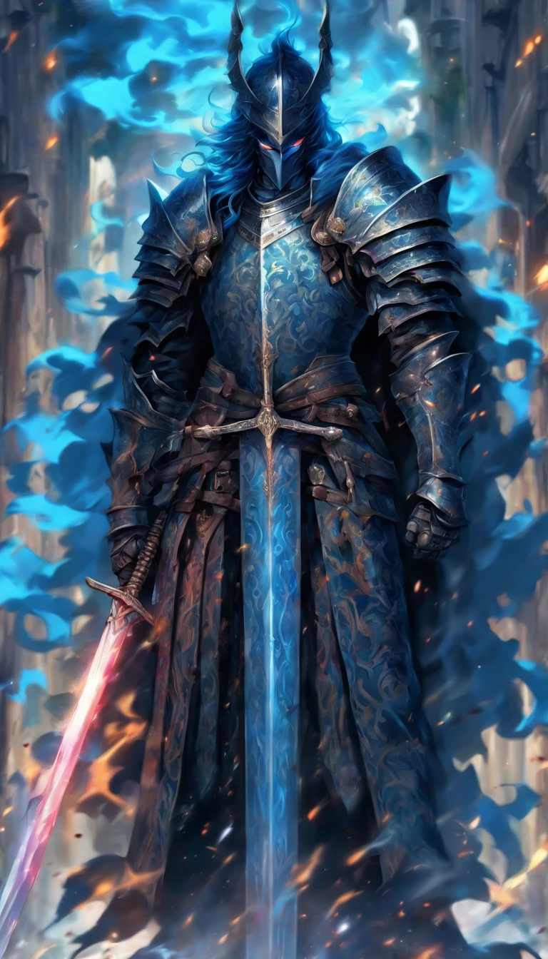 middle-aged man, of painting style, high resolution, black hair, Half demon body, half demon face, European knights, Exquisite three-dimensional blue flame devil face, Bearded, wearing a hat, Expressions of anger, perfect body proportions, joke, black and white robe, A knight&#39;s long sword hangs on his waist, Handsome, full body view, stand up, （medieval background：1.3）, noble, In his hand he held a long, wide and heavy sword, facing the camera, （Full body traditional medieval armor：0.8）, high detail, masterpiece, precise, anatomically correct, textured skin