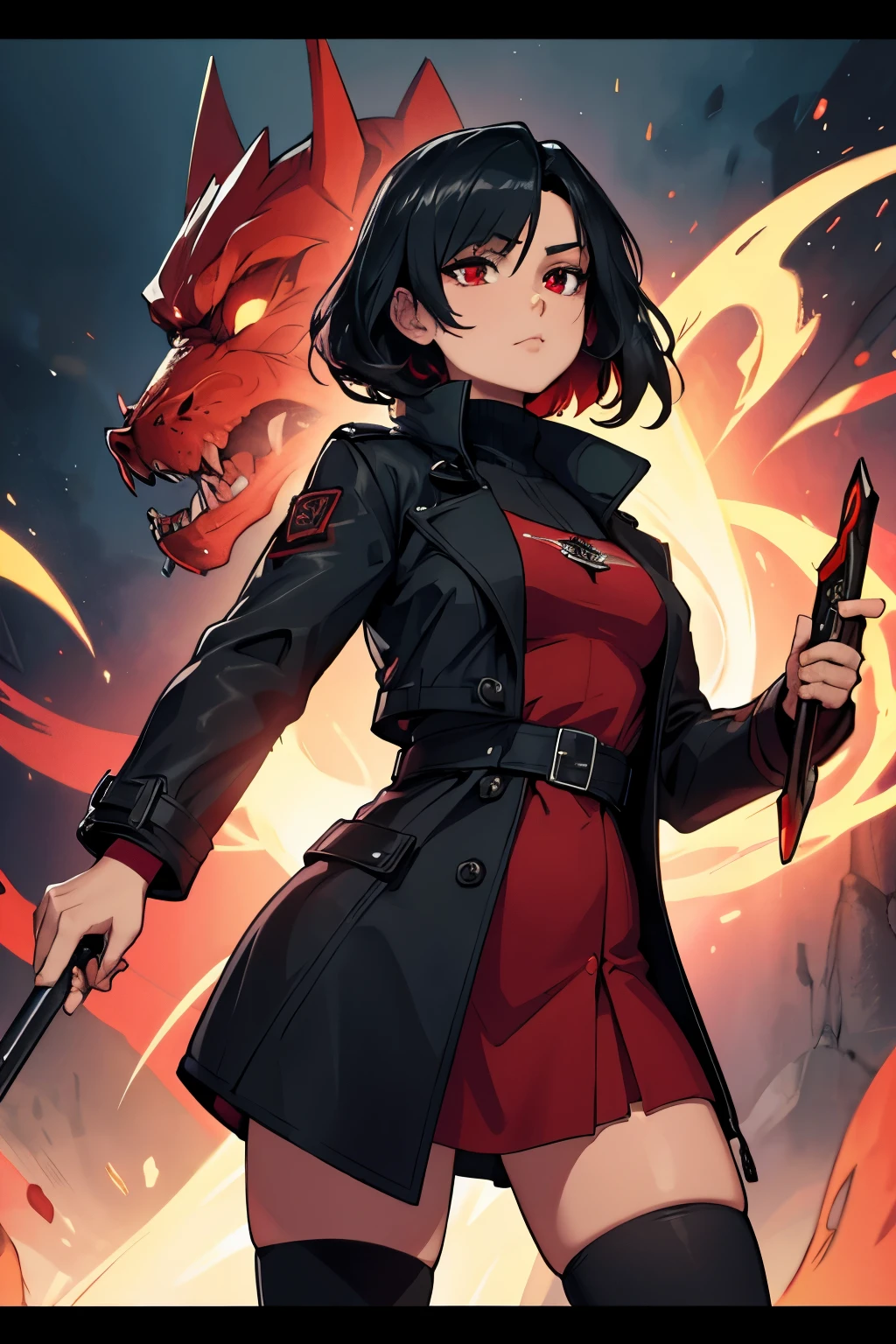 girl in a black trench coat, with bright red energy runes glowing on her skin and clothes, black hair, red eyes, red sword