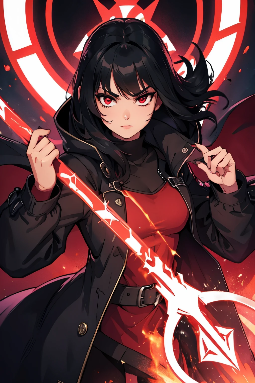 girl in a black trench coat, with bright red energy runes glowing on her skin and clothes, black hair, red eyes, red sword