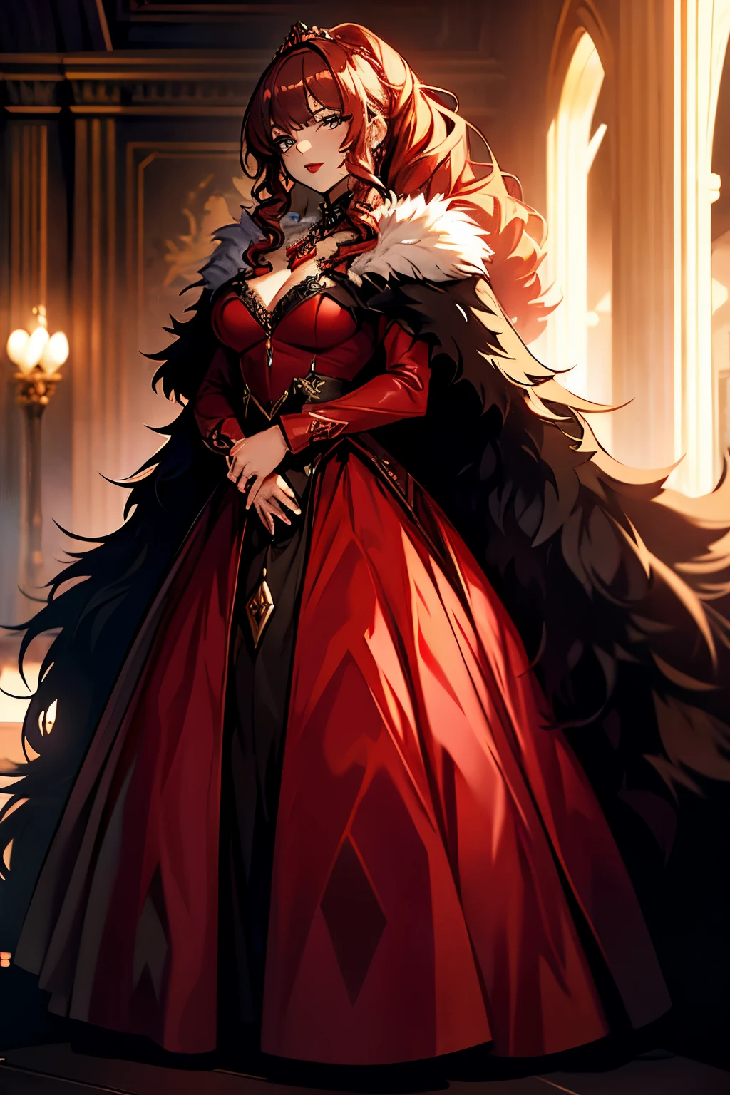 a princess in a ball gown dress red gold and black, shoulders covered, torso covered, that goes from neck to toe, with full skirt, a long fur cape, curly hair in a high ponytail, red lips, blue eyes, detailed eyes and lips