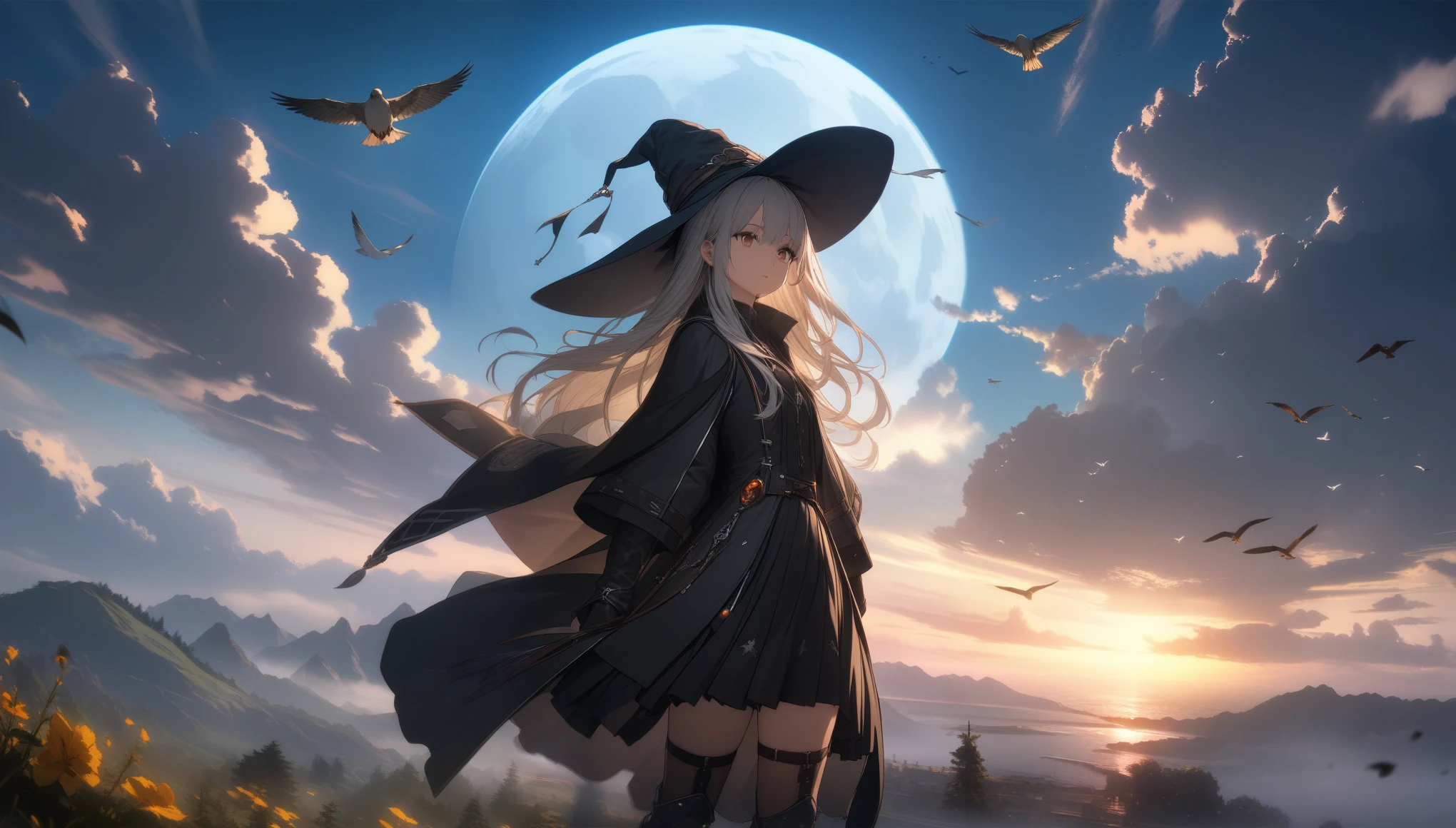 32k, best quality, ultra high res, HDR, UHD, extremely detailed CG, unity 32k wallpaper, highest quality, very detailed, masterpiece, Super detailed, cloud, witch_have, have, 1 girl, null, green_null,Day, length_hair, cloudy_null, moon,bird, alone, Silver_hair, witch, outdoor,  