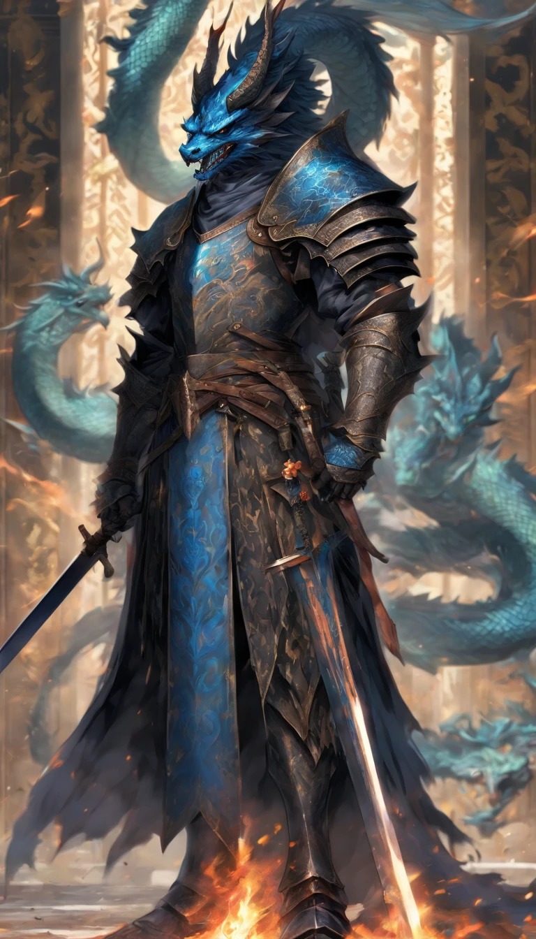 middle-aged man, of painting style, high resolution, black hair, Half demon body, half demon face, European knights, Exquisite three-dimensional blue flame Western dragon, Bearded, wearing a hat, Expressions of anger, perfect body proportions, joke, black and white robe, A knight's long sword hangs on his waist, Handsome, full body view, stand up, (medieval background:1.3), noble, In his hand he held a long, wide and heavy sword, facing the camera, (Full body traditional medieval armor:0.8), high detail, masterpiece, precise, anatomically correct, textured skin