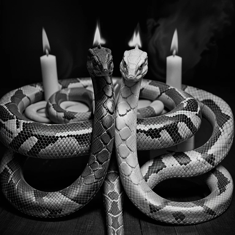 Black and White two snake, fire and rose