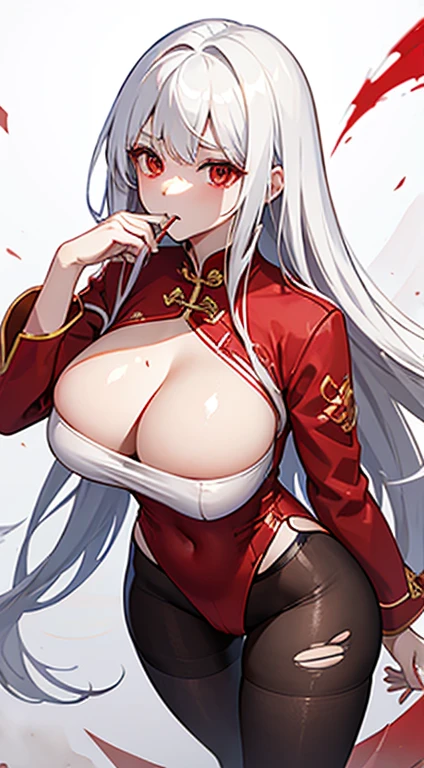 Torn red cheongsam,long white hair,Low cut clothing,huge breasts,Ripped black pantyhose,groin,胸前Holes in clothes,胸前Damaged clothes,Holes in clothes,Damaged clothes,Battle damage,Seriously injured,Wipe the blood from the corner of your mouth with your hand