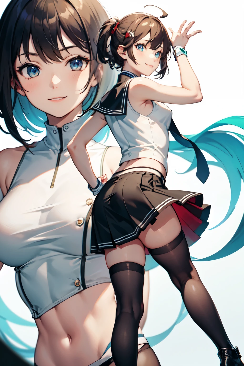 ((best quality)), ((masterpiece)), (detailed), perfect face, anime, 2 girls, white sailor uniformsuit, shoulders exposed, sleeveless, red tie, short hair ,dark brown hair, blue eyes, thighs, dark blue skirt, black knee-high socks, leather shoes, full-length, rear angle, turn around, smile , hands back, strong wind, twist hips, angle from below, arm cover, middle waist, butt out