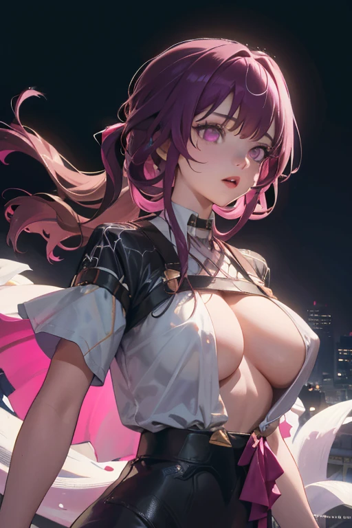 Official art, Unity 8k Wallpapers, ultra-detailliert, Beautifully Aesthetic, masterpiece, top-quality, realisitic, a closeup, Skindentation, interface, A detailed eye, A detailed face, detailed hairs, black backgrounds, straight-on, looking at the viewers, The sheen, Anime, looking at viewer with a cigarette in her mouth, Long transparent iridescent RGB hair, 1girl in, Solo, fronds, Long hair, Blurry, Shirt, Parted lips, Outdoors, Floating hair,huge tit,The bikini,, ((nude, breasts and genitals exposed, vulva and clitoris exposed)),Bangs, Upper body, Open mouth, tusk, Brown eyes, Wind, Winters,Yuki,snowscape,Blurry background, day, depth of fields, bug, kafka,,a magenta ,magenta color hair