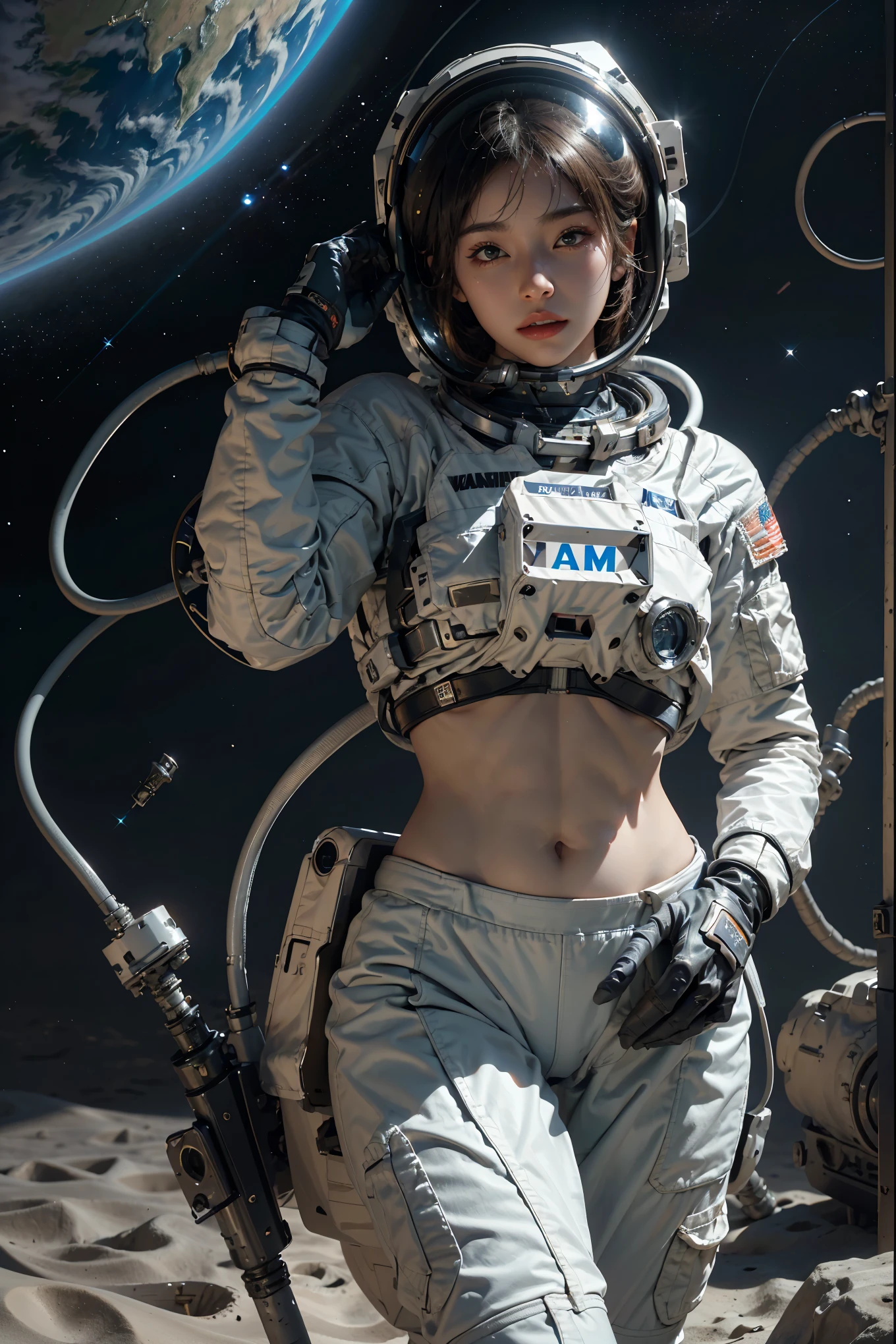 1girl weara helmet and astronaut spacesuit, bikini_spacesuit, Bikini top, bare belly, bare belly, belly open, midriff, stomach, beautiful girl, Completely exposed abdomen, Complex 3D rendering, a beautiful ultra detailed female face, in outer space, beautiful studio soft light, fine face, vibrant details, current, elegance, beautiful space background, an extremely exquisite and beautiful, extremely detailed, CG, (realistic, photo realistic: 1.37), stunning, fine details, official art, extremely detailed CG unified, 8k wallpaper, Mecha, space_helmet, firmament, best quality, masterpiece, anatomically correct, textured skin,cowboy shot