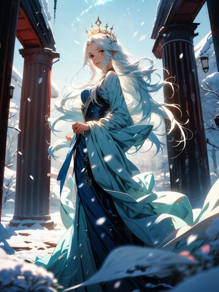 Anime girl with long white hair and blue skirt in the snow, White-haired God, White hair floating in the air, Anime Fantasy Illustration, flowing white hair, beautiful youth spirit, Beautiful fantasy anime, Glowing flowing hair, Ethereal Anime, Beautiful anime artwork, Beautiful digital artwork, Anime Fantasy Artwork, ((beautiful fantasy queen)), 2. 5 d cgi Anime Fantasy Artwork