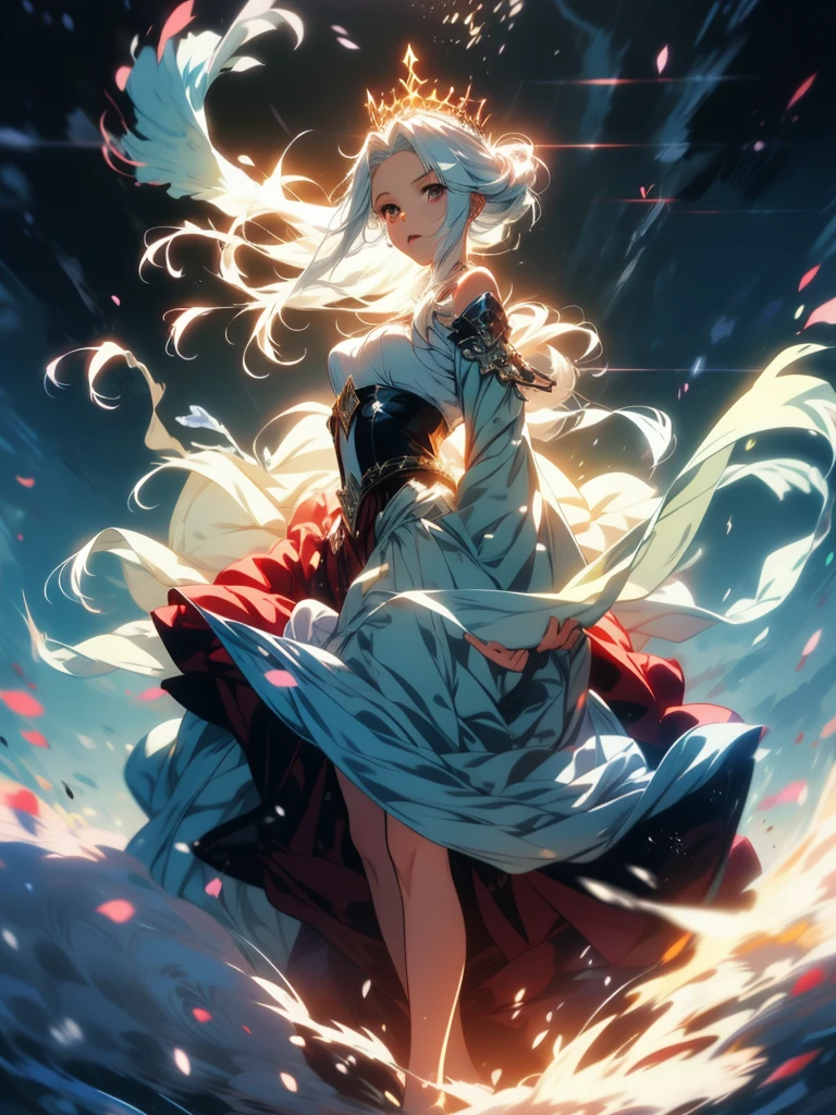 Anime girl with long white hair and blue skirt in the snow, White-haired God, White hair floating in the air, Anime Fantasy Illustration, flowing white hair, beautiful youth spirit, Beautiful fantasy anime, Glowing flowing hair, Ethereal Anime, Beautiful anime artwork, Beautiful digital artwork, Anime Fantasy Artwork, ((beautiful fantasy queen)), 2. 5 d cgi Anime Fantasy Artwork