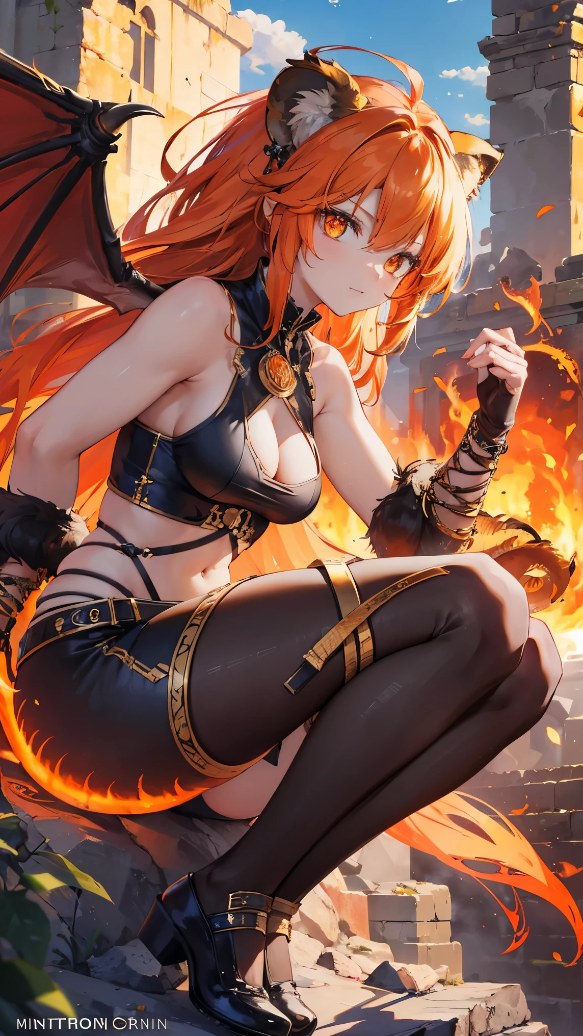 8k, best quality, (lifelike:1.4), original photo, 1 girl, Chimera hair, serpent tail, lion's claws, dragon wings, posture: prowling ancient ruins with feral grace, fiery orange eyes burning with primal fury