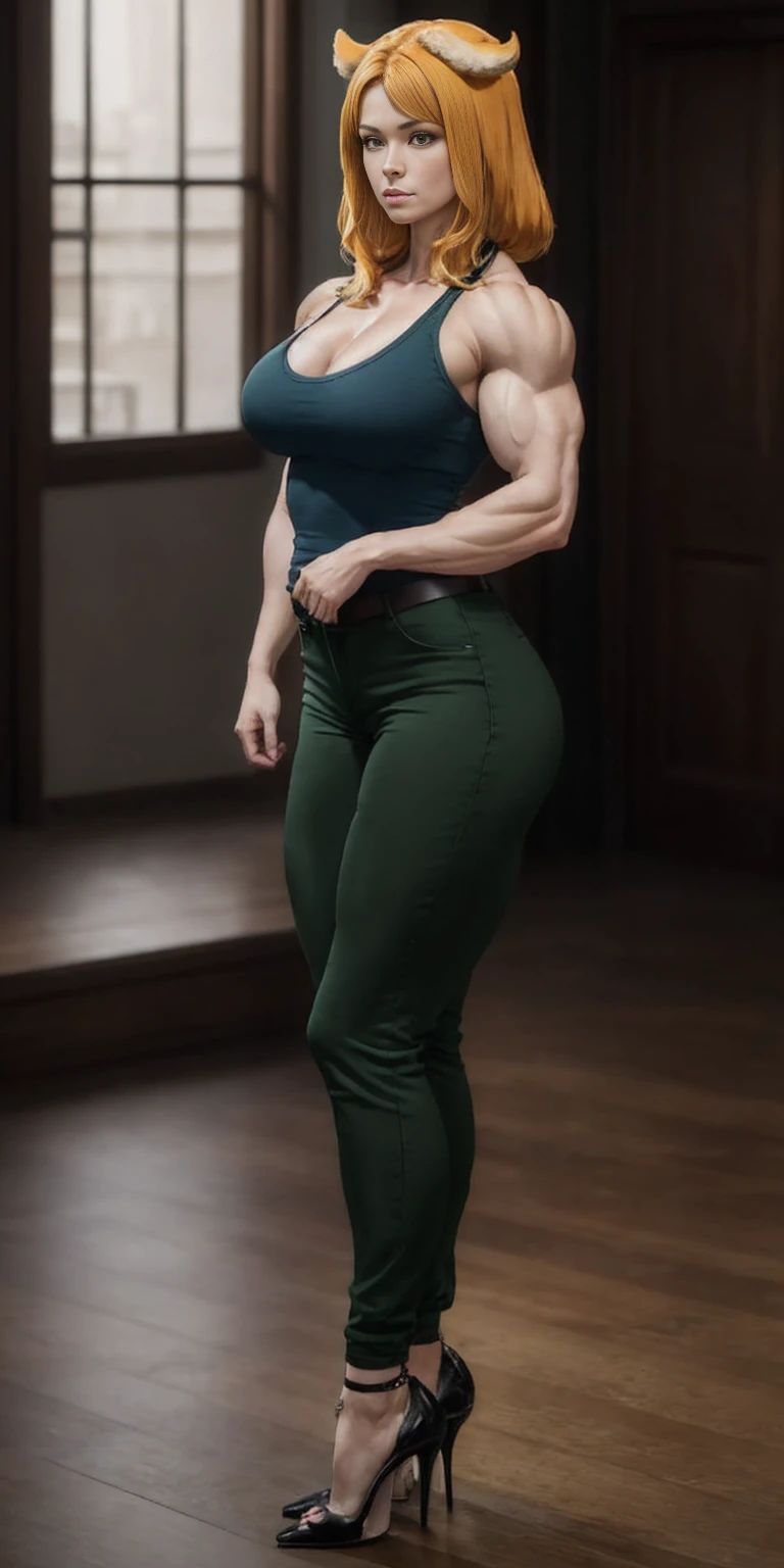 Masterpiece, burly woman, exaggerated large muscles, skinny pants, high-heels, standing on your feet, beautiful attractive face, full body like, single female, very fair skin, thin waist, very broad shoulders, strong and powerful arms, stout arms, strong and powerful leg muscles, looking to the camera, dog ears, fluffy dog ears