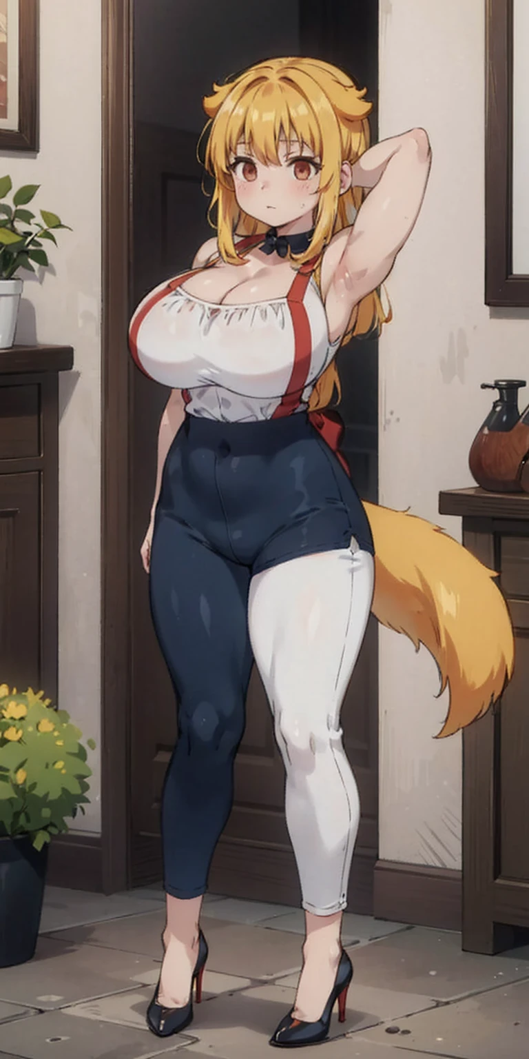 Masterpiece, burly woman, exaggerated large muscles, skinny pants, high-heels, standing on your feet, beautiful attractive face, full body like, single female, very fair skin, thin waist, very broad shoulders, strong and powerful arms, stout arms, strong and powerful leg muscles, looking to the camera, dog ears, fluffy dog ears