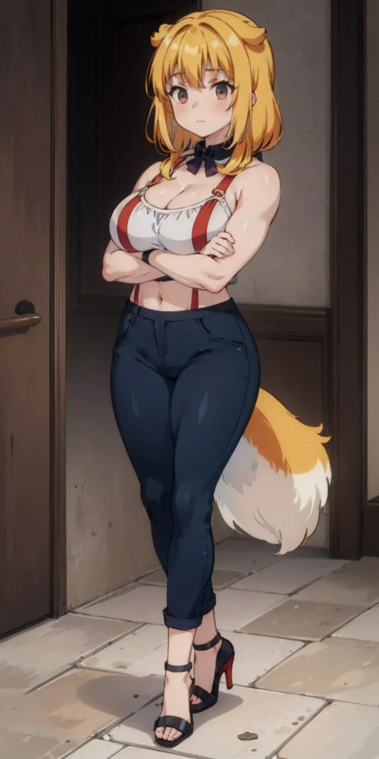 Masterpiece, burly woman, exaggerated large muscles, skinny pants, high-heels, standing on your feet, beautiful attractive face, full body like, single female, very fair skin, thin waist, very broad shoulders, strong and powerful arms, stout arms, strong and powerful leg muscles, looking to the camera, dog ears, fluffy dog ears