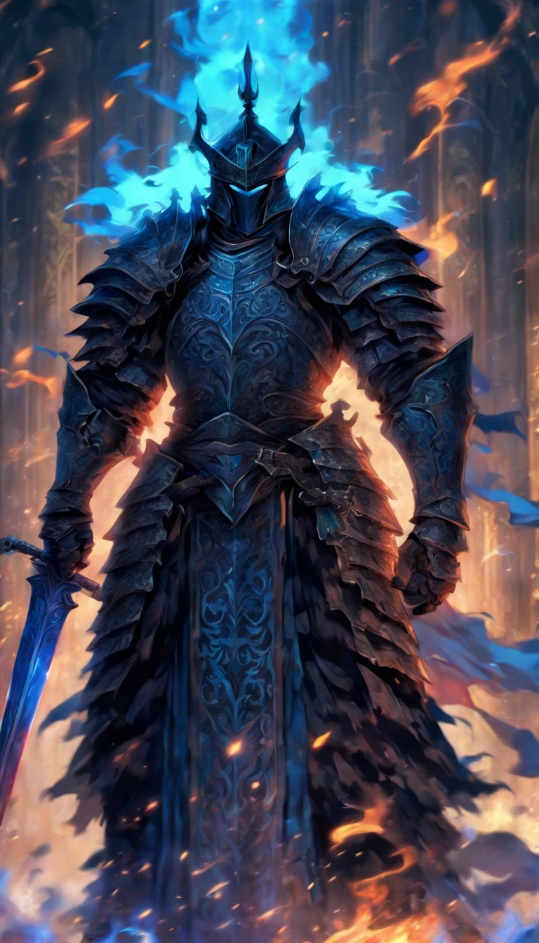 middle-aged man, of painting style, high resolution, black hair, Half demon body, half demon face, European knights, Exquisite three-dimensional blue flame pattern, Bearded, wearing a hat, Expressions of anger, perfect body proportions, joke, black and white robe, A knight&#39;s long sword hangs on his waist, Handsome, full body view, stand up, （medieval background：1.3）, noble, In his hand he held a long, wide and heavy sword, facing the camera, （Full body traditional medieval armor：0.8）, high detail, masterpiece, precise, anatomically correct, textured skin