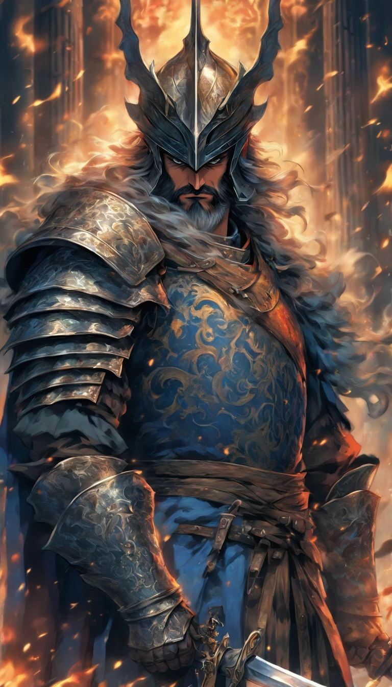 middle-aged man, of painting style, high resolution, black hair, Half demon body, half demon face, European knights, Exquisite three-dimensional blue flame pattern, Bearded, wearing a hat, Expressions of anger, perfect body proportions, joke, black and white robe, A knight&#39;s long sword hangs on his waist, Handsome, full body view, stand up, （medieval background：1.3）, noble, In his hand he held a long, wide and heavy sword, facing the camera, （Full body traditional medieval armor：0.8）, high detail, masterpiece, precise, anatomically correct, textured skin