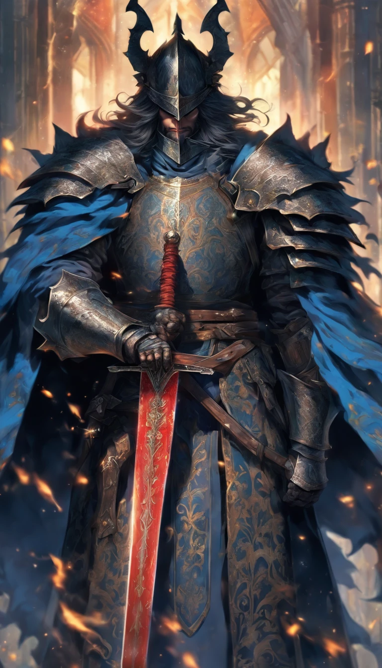 middle-aged man, of painting style, high resolution, black hair, Half demon body, half demon face, European knights, Exquisite three-dimensional blue flame pattern, Bearded, wearing a hat, Expressions of anger, perfect body proportions, joke, black and white robe, A knight&#39;s long sword hangs on his waist, Handsome, full body view, stand up, （medieval background：1.3）, noble, In his hand he held a long, wide and heavy sword, facing the camera, （Full body traditional medieval armor：0.8）, high detail, masterpiece, precise, anatomically correct, textured skin