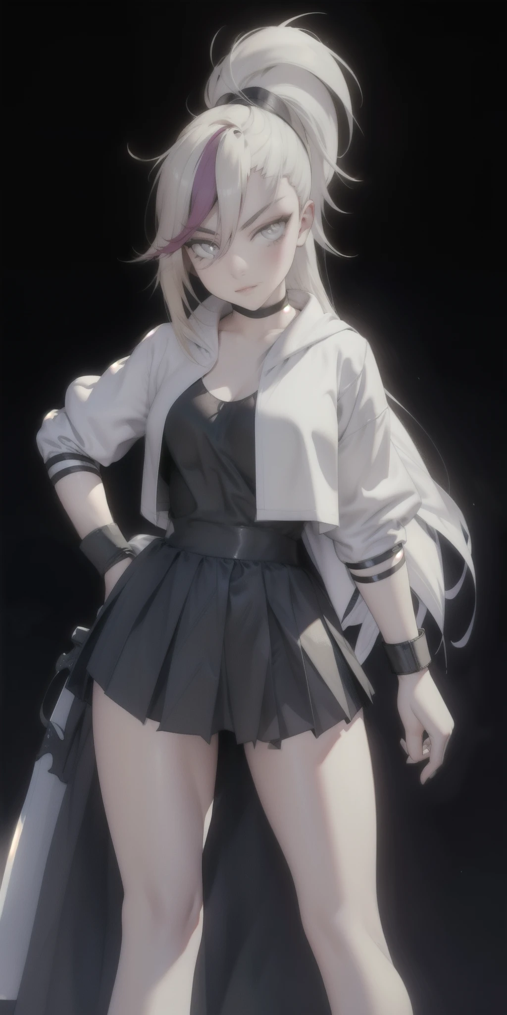 1 person, gorgeous girl, simple Kunoichi suit, holding a giant sword on her shoulder, ultra long hair ponytail, ultra detailed hair, ultra detailed face, long eyelashes, glowing blue eyes, glowing lips, she is holding a giant katana on her shoulder, she's is standing,