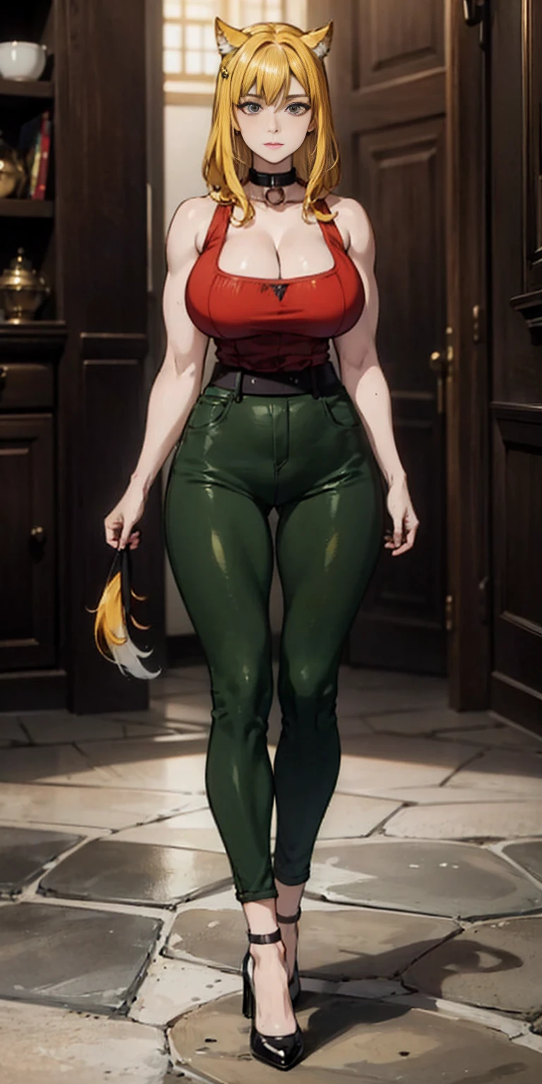 Masterpiece, burly woman, exaggerated large muscles, skinny pants, high-heels, standing on your feet, beautiful attractive face, full body like, single female, very fair skin, thin waist, very broad shoulders, strong and powerful arms, stout arms, strong and powerful leg muscles, looking to the camera, dog ears, fluffy dog ears