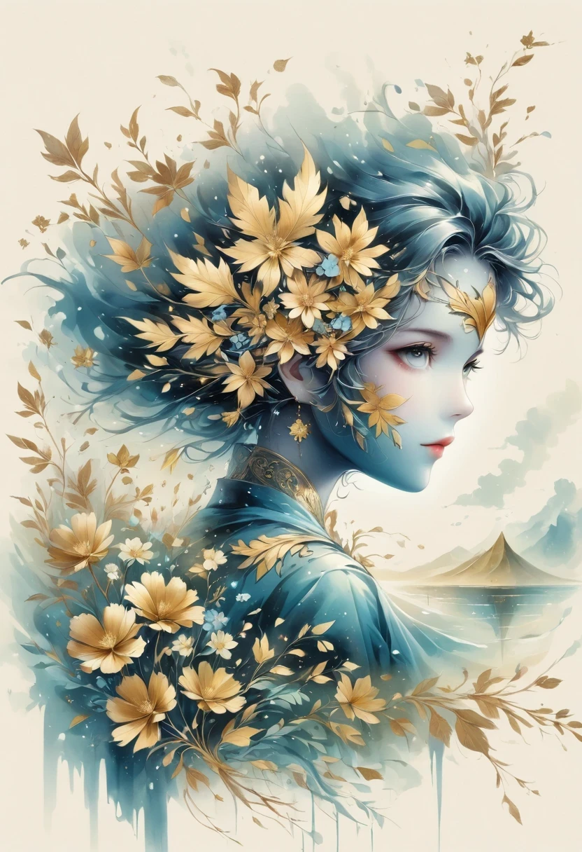 (gold leaf art:1.5),(Metallic luster:1.45),Minimalism,(line art:1.6),sketch,Charcoal drawing,Gold Foil Mask,flower,Illustration in surreal art style,surreal dream,Dubrec style,(multiple exposure:1.8),Dreams of happiness,