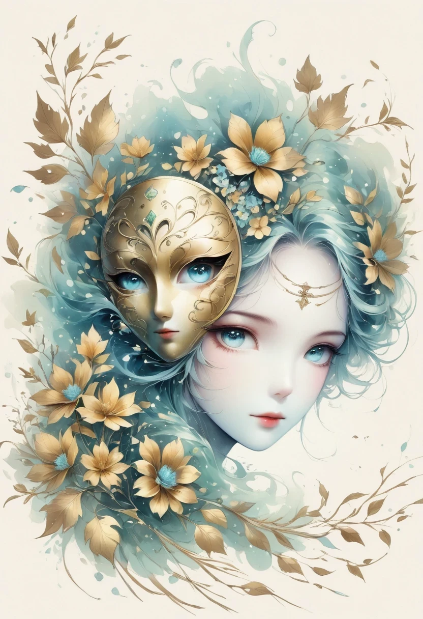 (gold leaf art:1.5)，(Metallic luster:1.45)，Minimalism，(line art:1.6)，sketch，Charcoal drawing，Gold Foil Mask，flower,Illustration in surreal art style，surreal dream，Dubrec style,(multiple exposure：1.8),Dreams of happiness，