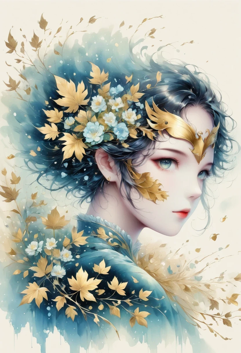 (gold leaf art:1.5),(Metallic luster:1.45),Minimalism,(line art:1.6),sketch,Charcoal drawing,Gold Foil Mask,flower,Illustration in surreal art style,surreal dream,Dubrec style,(multiple exposure:1.8),Dreams of happiness,