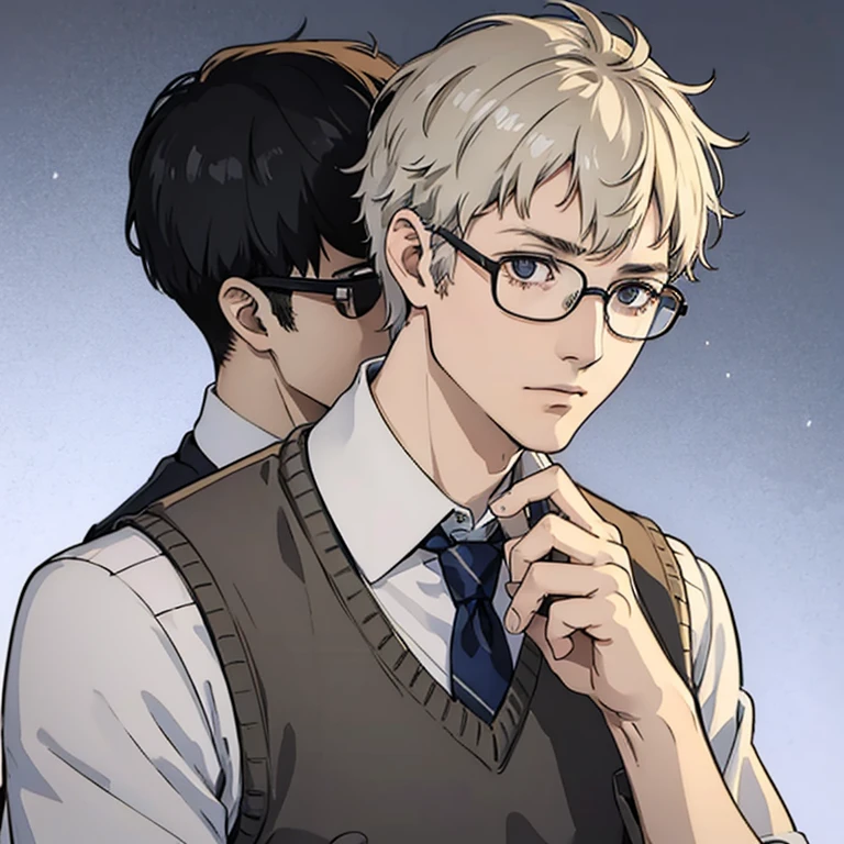 ((Human Male Young ager)) , white Messy hair , wearing Glasses ,Tie , ((wearing sweater vest)) Tired eyes ,((solo )),Police officer ,