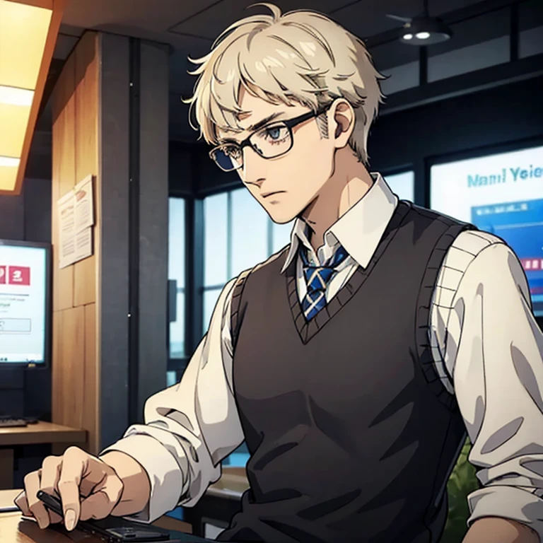 ((Human Male Young ager)) , white Messy hair , wearing  Glasses ,Tie , ((wearing sweater vest)) Tired eyes ,((solo )),Police officer , 