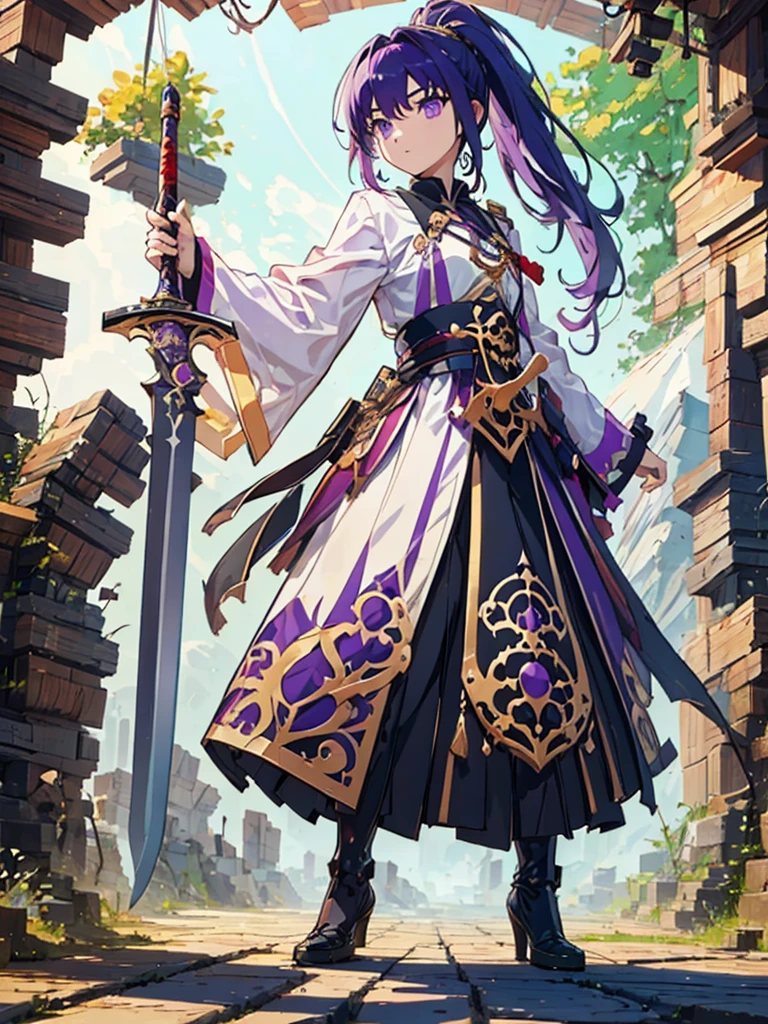 (masterpiece:1.2, highest quality),(Colored Background) (Beautiful detailed eyes: 1.2), (Highly detailed CG Unity 8K wallpaper, masterpiece, highest quality, Super detailed, best shadow), (detailed background) ,arms(have a sword),solo ,purple hair,purple eyes,ponytail,1girl, sketch (Character design sheet, same character, full body, Three-View, front, ~ side, return), solo