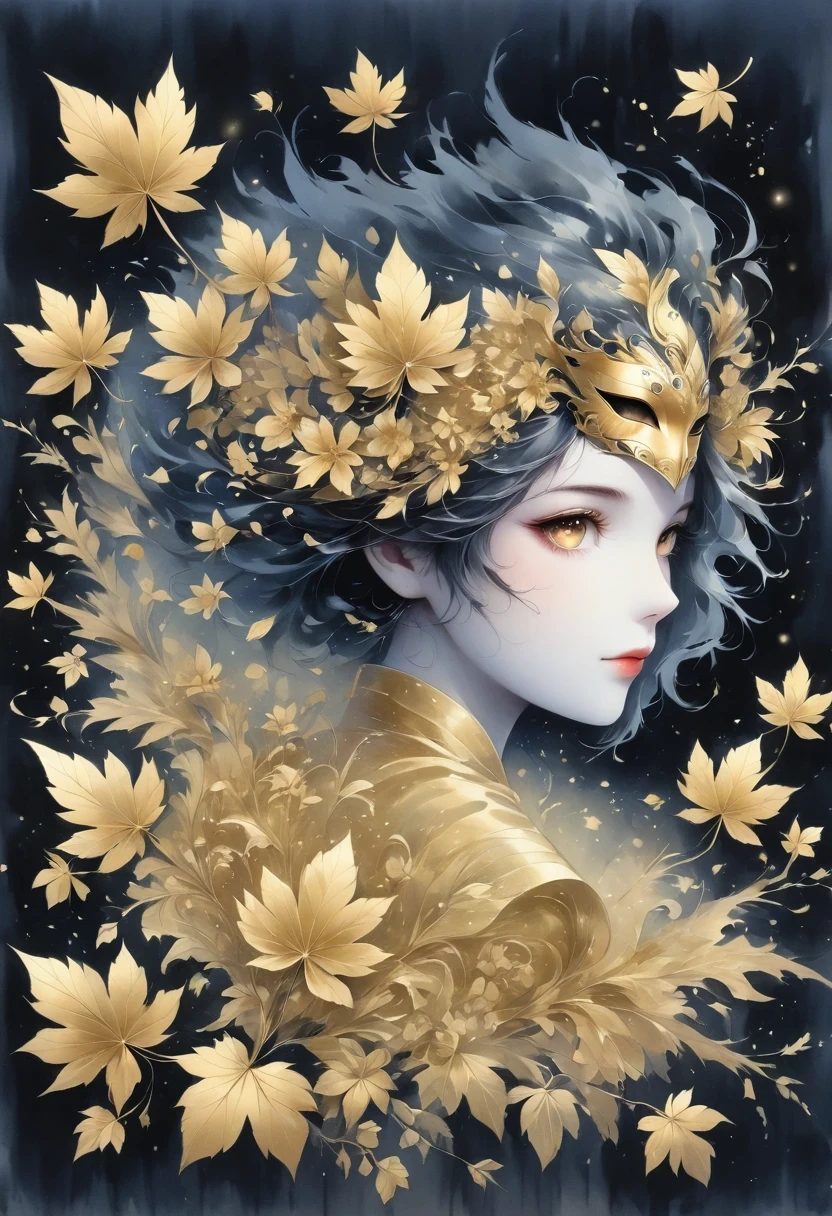 (gold leaf art:1.5)，(Metallic luster:1.45)，Minimalism，(line art:1.6)，sketch，Charcoal drawing，Gold Foil Mask，flower,Illustration in surreal art style，surreal dream，Dubrec style,(multiple exposure：1.8),Dreams of happiness，