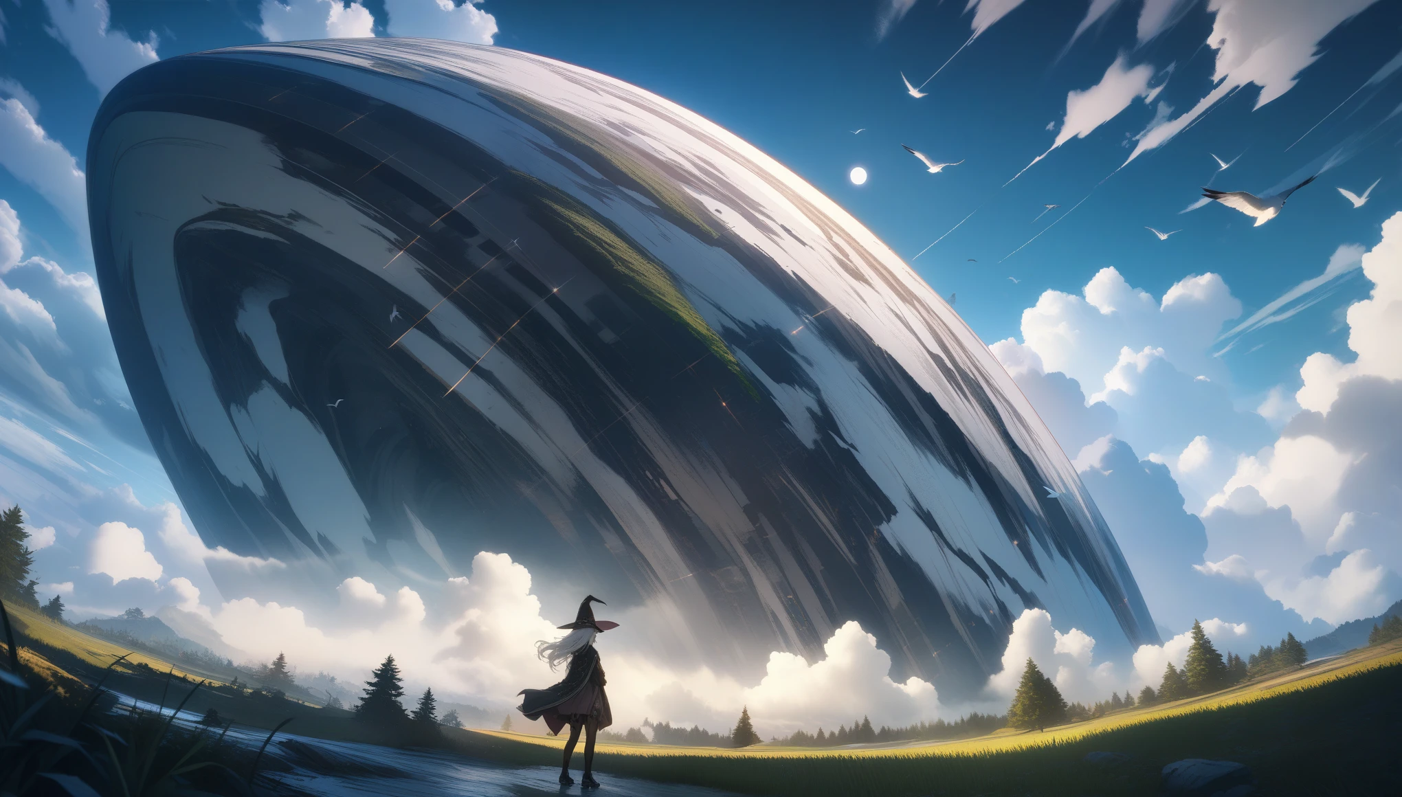 32k, best quality, ultra high res, HDR, UHD, extremely detailed CG, unity 32k wallpaper, highest quality, very detailed, masterpiece, Super detailed, cloud, witch_have, have, 1 girl, null, green_null,Day, length_hair, cloudy_null, moon,bird, alone, Silver_hair, witch, outdoor,