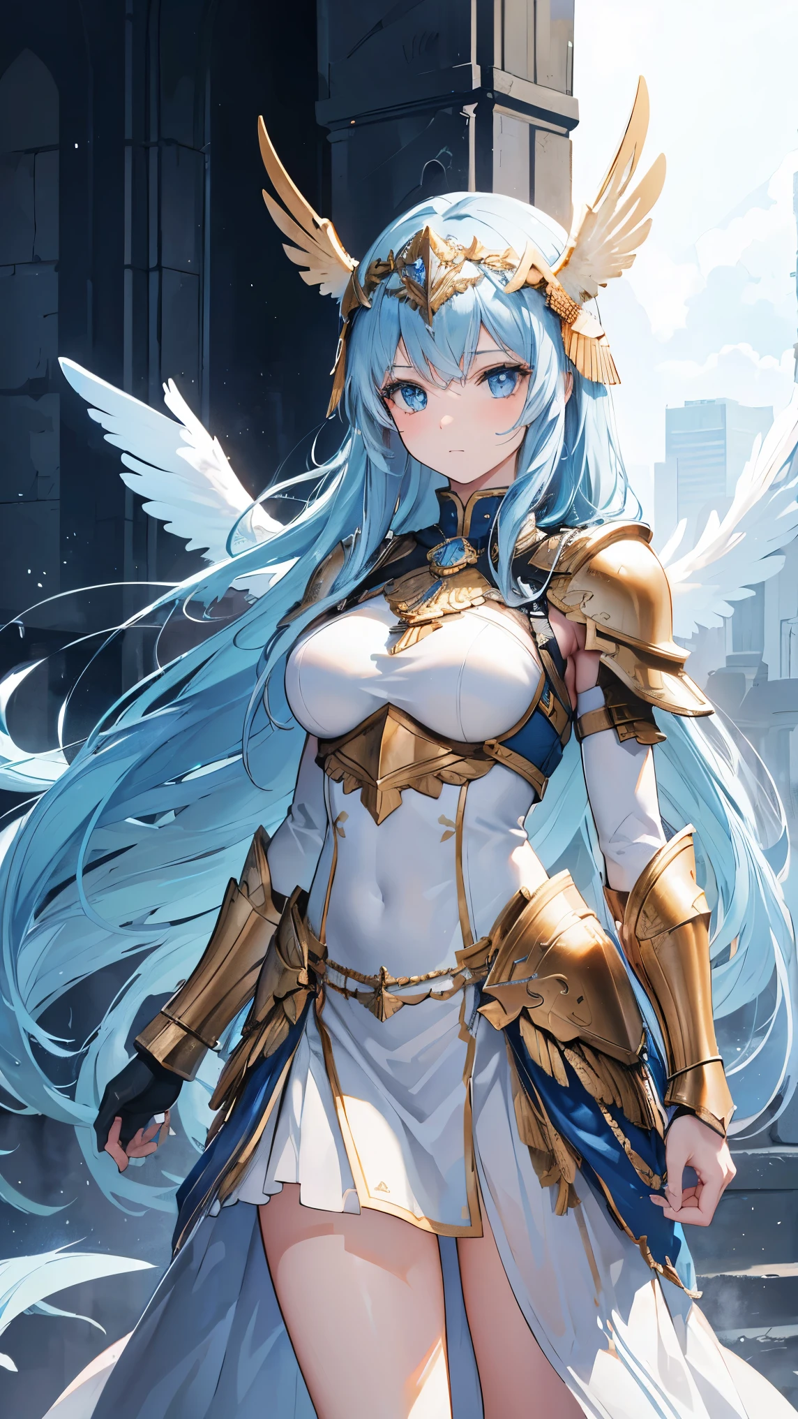 8k, best quality, (lifelike:1.4), original photo, 1 girl, Valkyrie hair, winged helmet, celestial armor, posture: guiding fallen warriors to halls of Valhalla, radiant blue eyes filled with valor and honor