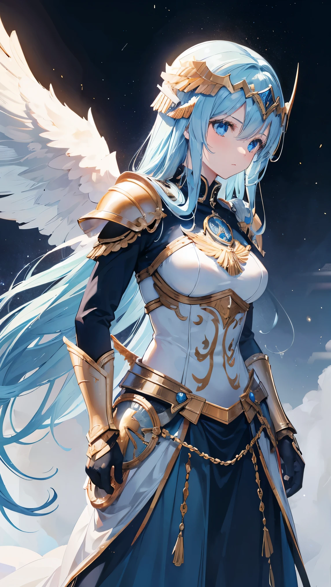8k, best quality, (lifelike:1.4), original photo, 1 girl, Valkyrie hair, winged helmet, celestial armor, posture: guiding fallen warriors to halls of Valhalla, radiant blue eyes filled with valor and honor