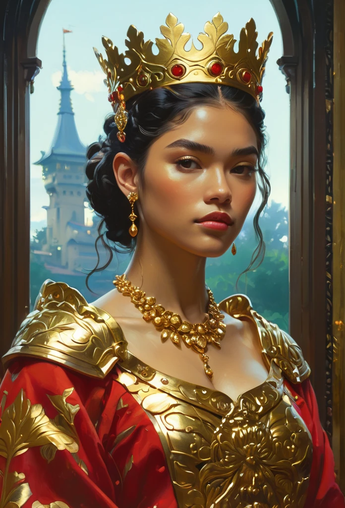 (gold leaf art:1.5), (oil paint art:1.2), (oil painting on canvas), (extremely detailed CG unity 8k wallpaper), full shot body photo of the most beautiful artwork in the world, medieval queen, red vale, zendaya face, zendaya body, golden crown, diamonds, thin pieces of gold leaf glued on places of gold decorations, medieval architecture, professional majestic oil painting by Ed Blinkey, Atey Ghailan, Studio Ghibli, by Jeremy Mann, Greg Manchess, Antonio Moro, trending on ArtStation, trending on CGSociety, Intricate, High Detail, Sharp focus, dramatic,