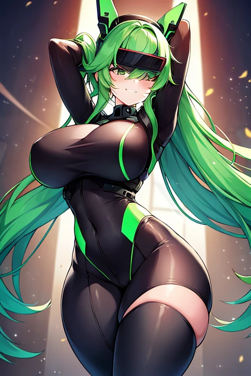 1girl, green hair, vr visors, visors, head-mounted display, ((covered eyes)), covered eyes, bodysuit, black bodysuit, science-fiction, machinery, futuristic, tech, neon, neon trim, large breasts, thick thighs, wide hips, swaying hips, hip sway, sway, arms behind back, arms up, smile,